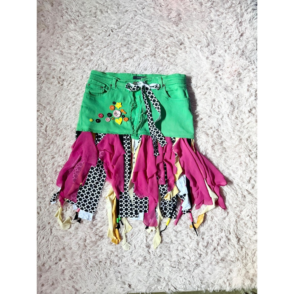 Whimsical Fairy Core Upcycled Rave Denim Wrap Skirt One Size Ruffle Festival
